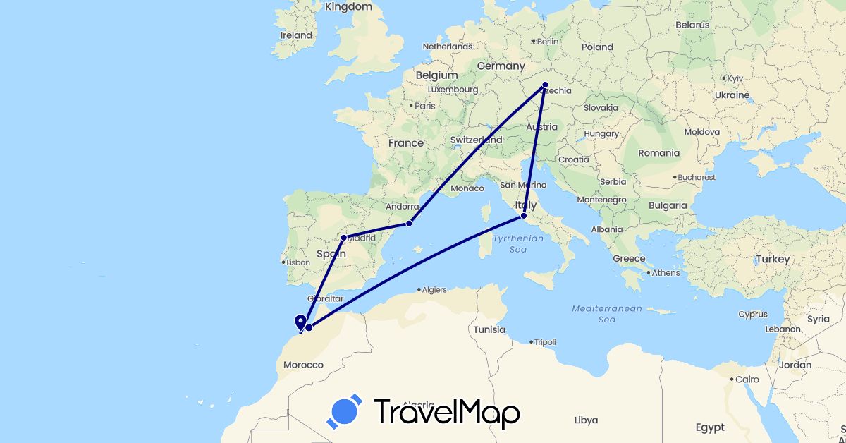 TravelMap itinerary: driving in Czech Republic, Spain, Italy, Morocco (Africa, Europe)